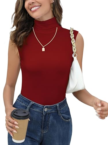 Yukiuiny Damen Rollkragen Top Ärmellos Unterziehrolli Dünn Stretch Rolli Shirt Basic Jersey Weste Weinrot, M von Yukiuiny