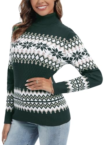 Yukiuiny Damen Rollkragen Weihnachtspullover Kuschelig Feinstrick Norwegerpullover mit Gerippt Bündchen Festlich Christmas Sweater Grün, S von Yukiuiny