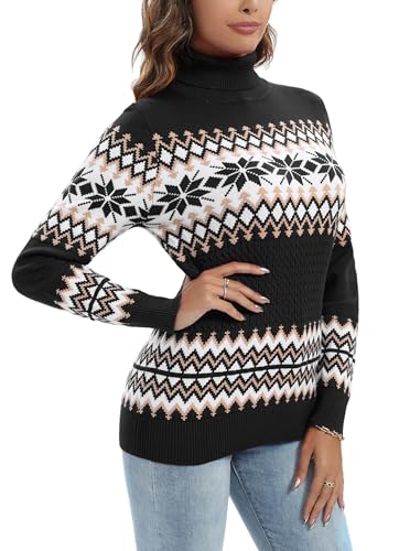 Yukiuiny Damen Rollkragen Weihnachtspullover Kuschelig Feinstrick Norwegerpullover mit Gerippt Bündchen Festlich Christmas Sweater Schwarz, M von Yukiuiny