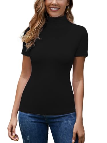 Yukiuiny Damen Rollkragenpullover Dünnes Kurzarm Rollkragenshirt Elegant Stretch Unterziehrolli mit Stehkragen schwarz,S von Yukiuiny