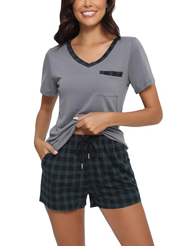 Yukiuiny Damen Schlafanzug Kurz Pyjama Baumwolle Sommer Shorty Zweiteiliger Nachtwäsche grau Schlafshirt + grün Karierte Hose, M von Yukiuiny