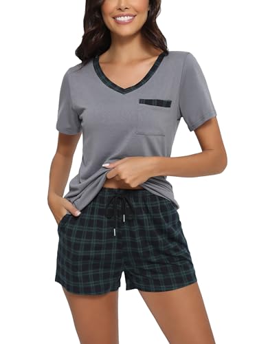Yukiuiny Damen Schlafanzug Kurz Pyjama Baumwolle Sommer Shorty Zweiteiliger Nachtwäsche grau Schlafshirt + grün Karierte Hose, XL von Yukiuiny