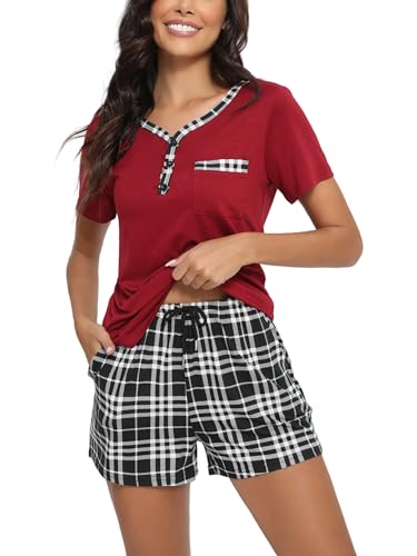 Yukiuiny Damen Schlafanzug Kurz Pyjama Set Baumwolle Kurzarm Sommer Nachtwäsche V Ausschnitt T Shirt Karo Shorts weinrot, M von Yukiuiny