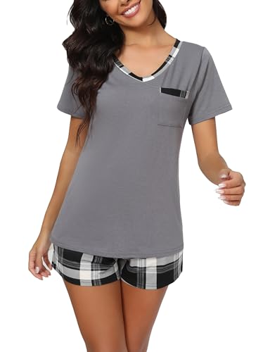 Yukiuiny Damen Schlafanzug Kurz Pyjama Set Baumwolle Kurzarm Sommer Nachtwäsche grau Schlafshirt + schwarz-Weiss Karierte Hose, XL von Yukiuiny