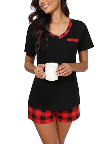 Yukiuiny Damen Schlafanzug Kurz Pyjama Set Baumwolle Kurzarm Sommer Nachtwäsche schwarz Oberteil + rot schwarz Karierte Hose, XXL von Yukiuiny