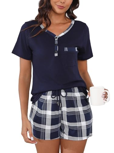 Yukiuiny Damen Schlafanzug Kurz Pyjama Set Baumwolle Sommer Shorty Zweiteiliger Nachtwäsche V Ausschnitt Sleepshirt Karo Shorts Navy, L von Yukiuiny