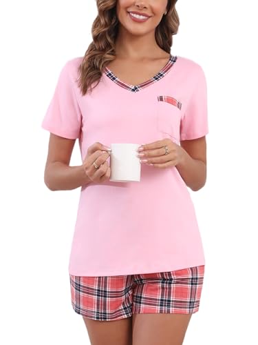 Yukiuiny Damen Schlafanzug Kurz Pyjama Set Baumwolle Sommer Shorty Zweiteiliger Nachtwäsche V Ausschnitt Sleepshirt Karo Shorts rosa, XXL von Yukiuiny