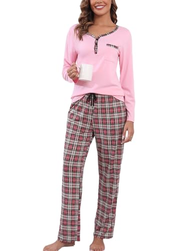 Yukiuiny Damen Schlafanzug Lang Zweiteilig Pyjama Set Baumwolle Henley Langarmshirt Lange Karo Pyjamahose Weicher Hausanzug Rosa, XL von Yukiuiny