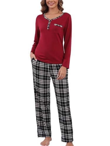 Yukiuiny Damen Schlafanzug Lang Zweiteilig Pyjama Set Baumwolle Henley Langarmshirt Lange Karo Pyjamahose Weicher Hausanzug Weinrot, XXL von Yukiuiny