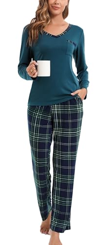 Yukiuiny Damen Schlafanzug Lang Zweiteilig Pyjama Set Baumwolle V Ausschnitt Langarmshirt Lange Karo Pyjamahose Grün, L von Yukiuiny