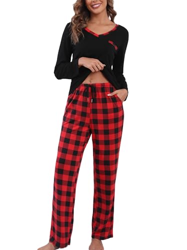Yukiuiny Damen Schlafanzug Lang Zweiteilig Pyjama Set Baumwolle V Ausschnitt Langarmshirt Lange Karo Pyjamahose Rot, XL von Yukiuiny
