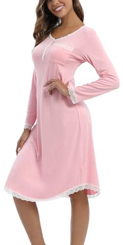 Yukiuiny Damen Spitze Nachthemd Langarm Baumwolle Knielang Nachtkleid Elegant Leicht Schlafshirt mit Knopfleiste für Winter,M Rosa von Yukiuiny