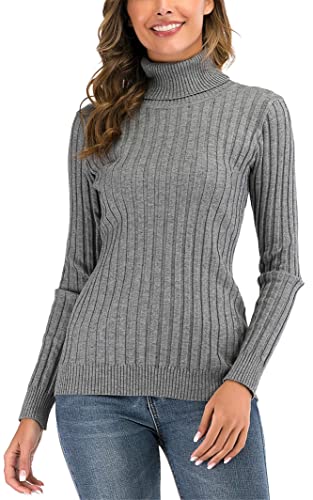 Yukiuiny Damen Strickpullover mit Rollkragen Langarm Pulli mit Rippen Elegant Kuschelig Stretch Rolli für Winter,Grau,L von Yukiuiny