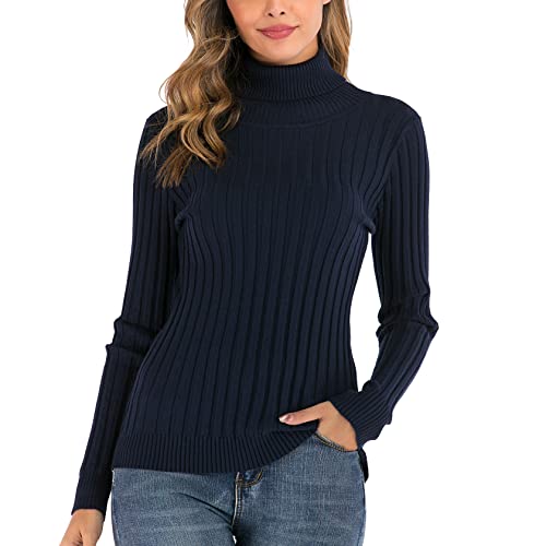 Yukiuiny Damen Strickpullover mit Rollkragen Langarm Pulli mit Rippen Elegant Kuschelig Stretch Rolli für Winter,Navyblau,XL von Yukiuiny