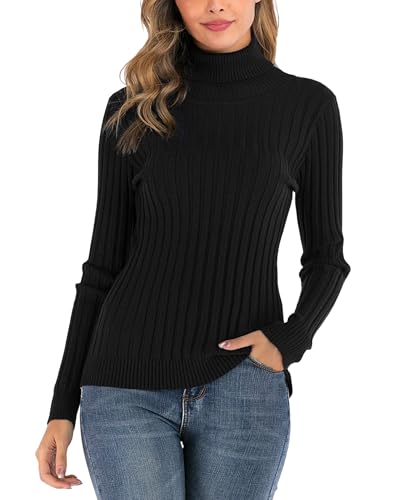 Yukiuiny Damen Strickpullover mit Rollkragen Langarm Pulli mit Rippen Elegant Kuschelig Stretch Rolli für Winter,Schwarz,M von Yukiuiny