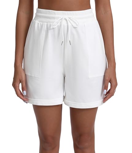 Yukiuiny Damen Sweatshorts Baumwolle Bermuda Jersey Kurze Hose mit Tasche Sommershorts für Sport Freizeit Weiß,L von Yukiuiny