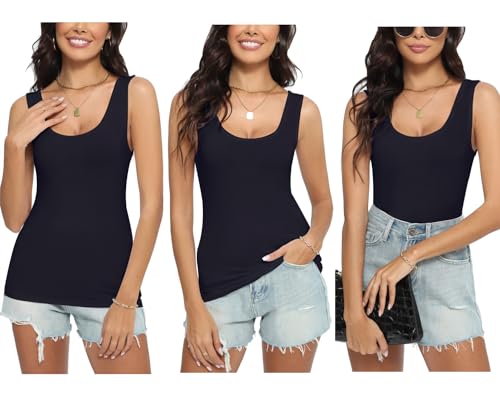 Yukiuiny Damen Tank Top 3er Pack Tops Basic Dünn Jersey Unterhemd Stretch Leicht Longtops Unterziehtop Navyblau, XXL von Yukiuiny