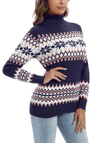 Yukiuiny Damen Weihnachtspulli mit Rollkragen Weihnachtlich Strickpullover Kuschelig Norwegerpulli Festlich Rollkragenpullover Navy, S von Yukiuiny