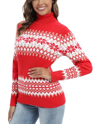 Yukiuiny Damen Weihnachtspulli mit Rollkragen Weihnachtlich Strickpullover mit Bündchen Kuschelig Norwegerpulli Rollkragenpullover Rot, XXL von Yukiuiny