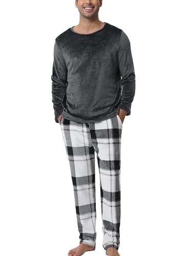 Yukiuiny Fleece Schlafanzug Herren Lang Kushelig Pyjama Zweiteiliger Feizeitanzug mit Tasche Hausanzug Warm Winterpyjama grau,XL von Yukiuiny