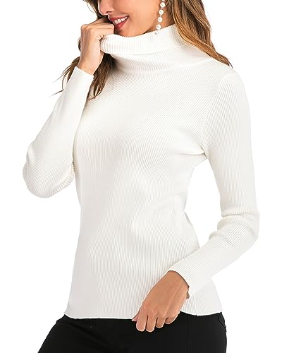 Yukiuiny Gerippt Strickpullover mit Rollkragen Elegant Langarm Feinstrick Pulli Weich Warm Rolli Sweater für Herbst Winter,Weiß,XXL von Yukiuiny