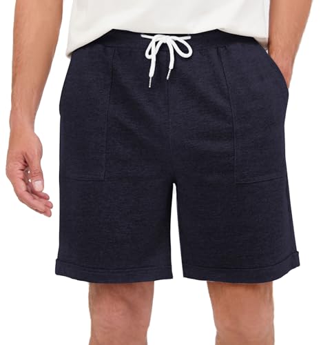 Yukiuiny Herren Bermudashorts Baumwolle Kurze Sport Hose Gummibund Jersey Freizeitshorts Locker Atmungsaktiv Sweatshorts für Sommer Navy,L von Yukiuiny