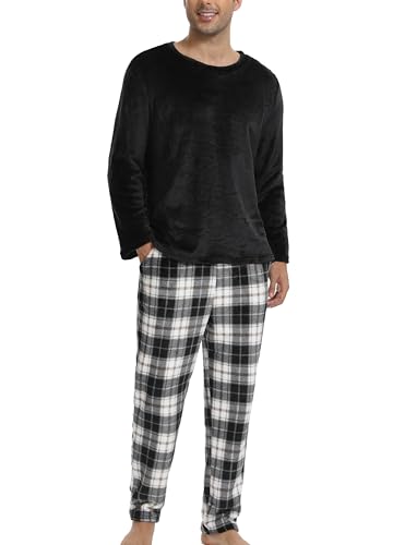 Yukiuiny Herren Fleece Schlafanzug Lang Flauschig Warm Pyjama, Flanell Oberteil und Karierte Schlafhose, Hausanzug für Winter schwarz,XXL von Yukiuiny