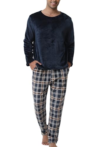 Yukiuiny Herren Fleece Schlafanzug Lang Flauschig Warm Pyjama, Flanell Oberteil und Karierte Schlafhose Set, Hausanzug für Winter Navy,L von Yukiuiny