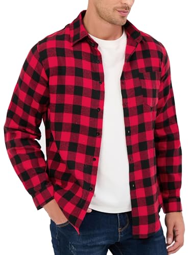 Yukiuiny Herren Holzfällerhemd Herren Baumwolle Langarm Kariertes Flanellhemd Locker Fit Leicht Luftig Freizeithemd rot-schwarz,XL von Yukiuiny