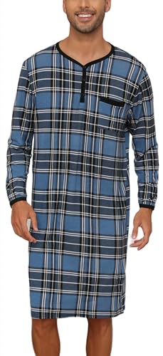 Yukiuiny Herren Kariertes Nachthemd Langärmelig Pyjamaoberteil Lufitg Jersey Schalfshirt mit Knopfleiste Karo-Blau,M von Yukiuiny