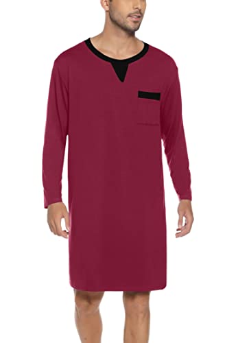 Yukiuiny Herren Lang Nachthemd Langärmlig Pyjamaoberteil Baumwolle Lufitg Rundhals Winter Sleepshirt mit Brusttasche Weinrot,L von Yukiuiny