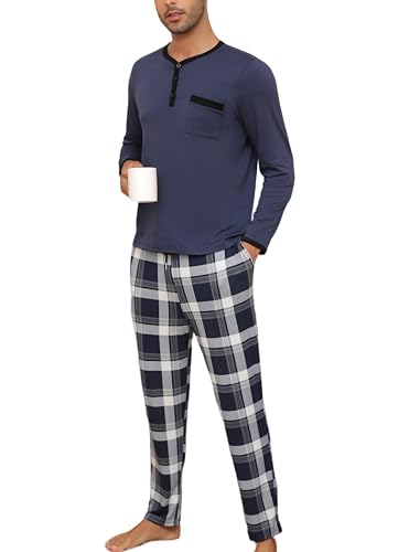 Yukiuiny Herren Lang Schlafanzug Baumwolle Pyjama Set Leicht Henley Langarm Shirt Lange Karierte Pyjamahose mit Tasche dunkelblau, XL von Yukiuiny