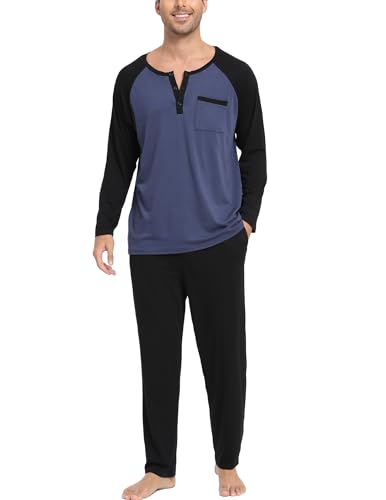 Yukiuiny Herren Lang Schlafanzug Baumwolle Pyjama Set Leicht Langarm Henley Shirt Lange Pyjamahose mit Tasche blau+schwarz,3XL von Yukiuiny