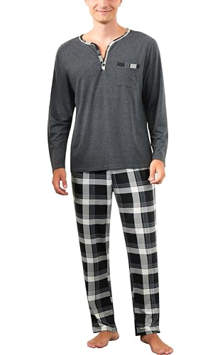 Yukiuiny Herren Lang Schlafanzug Baumwolle Pyjama Weich Henley Langarm Shirt Lange Karierte Hose mit Tasche dunkelgrau, XXL Yukiuiny Herren Lang Schlafanzug Baumwolle Pyjama Weich Henley Langarm Shirt Lange Karierte Hose mit Tasche dunkelgrau, XXL von Yukiuiny