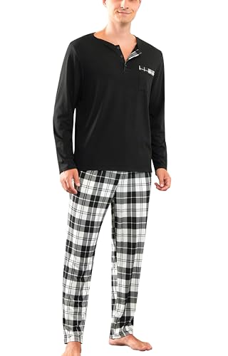 Yukiuiny Herren Lang Schlafanzug Baumwolle Pyjama Weich Henley Langarm Shirt Lange Karierte Hose mit Tasche schwarz, 3XL von Yukiuiny