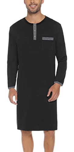 Yukiuiny Herren Langarm Nachthemd Knielang Pyjamaoberteil Baumwolle Weich Luftig Schlafshirt mit 3 Knöpfe Schwarz,4XL von Yukiuiny