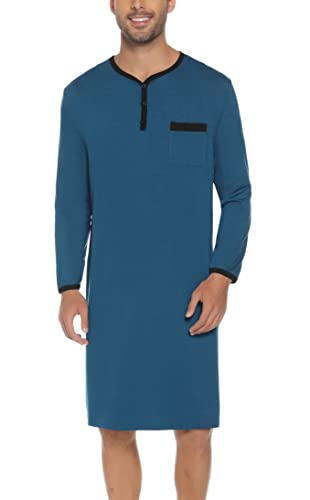 Yukiuiny Herren Langarm Nachthemd Knielang Pyjamaoberteil Baumwolle Weich Luftig V Ausschnitt Schlafshirt mit 3 Knöpfe Blau,L von Yukiuiny