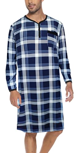 Yukiuiny Herren Langes Nachthemd Langärmlig Kariertes Pyjamaoberteil Baumwolle Lufitg Jersey Schalfshirt mit Knopfleiste Navyblau,L von Yukiuiny