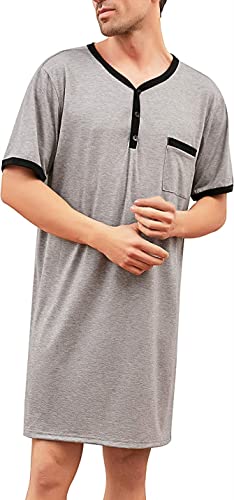 Yukiuiny Herren Nachthemd Kurzärmlig Pyjamaoberteil Baumwolle Lufitg Rundhals Sleepshirt mit Brusttasche für Krankenhaus Grau,XXL von Yukiuiny