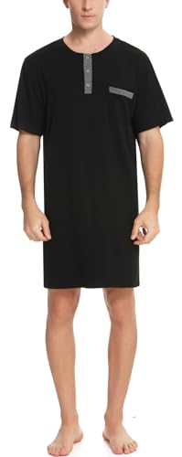 Yukiuiny Herren Nachthemd Kurzarm Baumwolle Schlafhemd Sommer Sleepshirt Weich Luftig Pyjamaoberteil fürs Krankenhaus Schwarz,XL von Yukiuiny