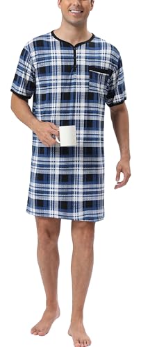 Yukiuiny Herren Nachthemd Kurzarm Karo Schlafhemd Luftig Knielang Jersey Krankenhaushemd Locker Fit Blau-Weiss,4XL von Yukiuiny