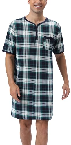 Yukiuiny Herren Nachthemd Kurzarm Karo Schlafhemd Luftig Knielang Jersey Krankenhaushemd Locker Fit Karo Grün,4XL von Yukiuiny