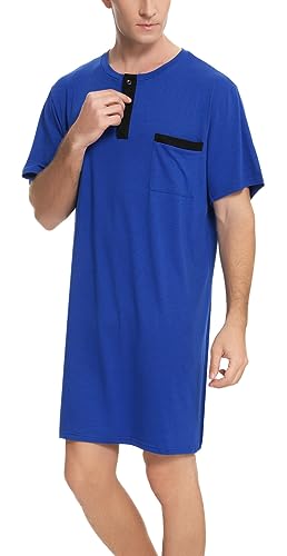 Herren Nachthemd Langarm Baumwolle Knielang Schalfshirt Leicht Luftig Pyjamaoberteil Jersey Nachtwäsche mit 3 Knöpfe Blau,3XL von Yukiuiny
