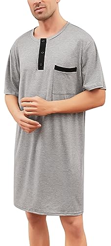 Herren Nachthemd Langarm Baumwolle Rundhals Oversized Schlafshirt Luftig Knielang Pyjamaoberteil für Zuhause Krankenhaus Grau,M von Yukiuiny