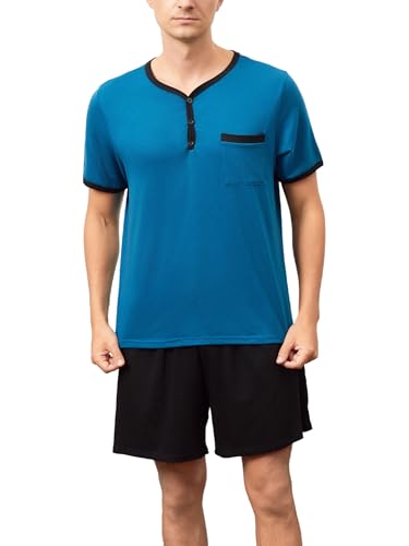 Yukiuiny Herren Pyjama Kurz Schlafanzug Baumwolle Shorty Pyjama Set Leicht Luftig Sommer Nightwear Gr.M-3XL blau, XL von Yukiuiny