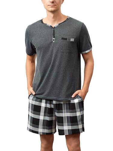 Yukiuiny Herren Pyjama Kurz Schlafanzug Baumwolle Shorty Pyjama Set Leicht Luftig Sommer Nightwear Gr.M-3XL dunkelgrau, XL Yukiuiny Herren Pyjama Kurz Schlafanzug Baumwolle Shorty Pyjama Set Leicht Luftig Sommer Nightwear Gr.M-3XL dunkelgrau, XL von Yukiuiny