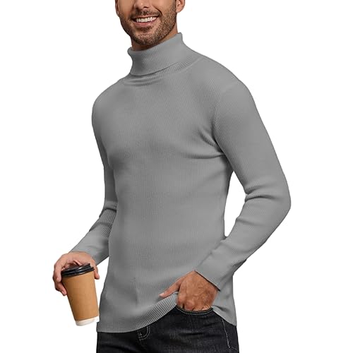 Yukiuiny Herren Rollkragenpullover Basic Gerippt Strickpullover Stretch Leichter Rolli Sweater mit Stehkragen für Herbst Winter,Grau,L von Yukiuiny