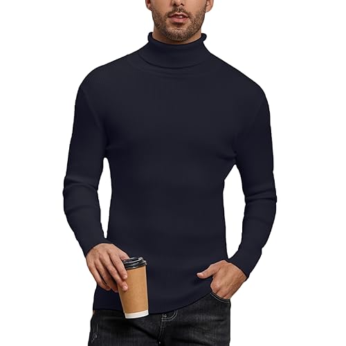 Yukiuiny Herren Rollkragenpullover Basic Gerippt Strickpullover Stretch Leichter Rolli Sweater mit Stehkragen für Herbst Winter,Navyblau,XXL von Yukiuiny