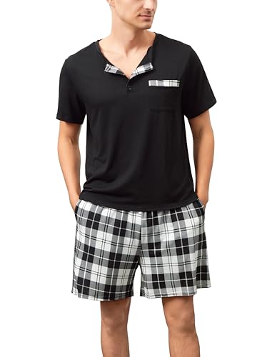 Yukiuiny Herren Schlafanzug Kurz Baumwolle Pyjamaset Weich Leicht Nightwear Set für Sommer V Ausschnitt Oberteil+Shorts schwarz, M von Yukiuiny