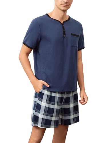 Yukiuiny Herren Schlafanzug Kurz Baumwolle Pyjamaset Weiche Nachtwäsche Kurzarm Henley Shirt+Karierte Shorts dunkelblau, XXL von Yukiuiny